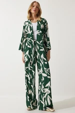 Happiness İstanbul Women's Green Patterned Kimono Palazzo Trousers Set