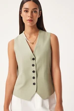 Happiness İstanbul Women's Green Button-Closed Linen Vest