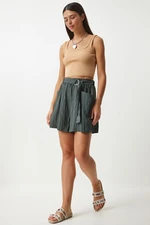 Happiness İstanbul Women's Dark Khaki Belted City Length Woven Shorts