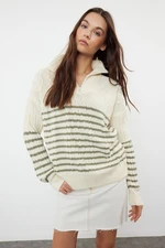 Trendyol Cream Wide Pattern Zippered Knitwear Sweater