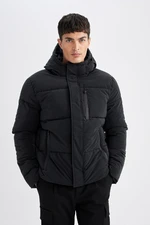 DEFACTO Water Repellent Puffer Jacket Hooded Zippered Pockets Snap Pockets