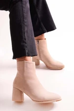 Shoeberry Women's Haylee Beige Suede Heeled Boots Beige Suede