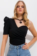 Trend Alaçatı Stili Women's Black One-Shoulder Detailed Blouse