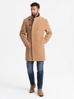 Ombre Men's coat with asymmetrical fastening and high collar - light brown