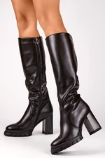 primohurt Black knee-high high-heeled boots, insulated women's boots with a heel, eco-leather