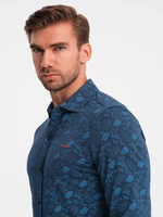 Ombre Men's cotton shirt with floral motif - navy blue