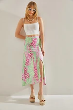 Bianco Lucci Women's Green-Pink Side Hidden Zipper Slit Floral Skirt