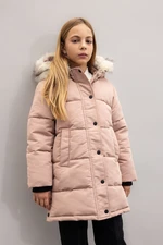 DEFACTO Girls Hooded Detachable Hood Faux Für Zipper Snap Closure Long Coat Parka