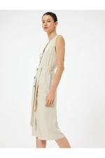 Koton Linen Blend Shirt Dress Midi Length Sleeveless with Belt Detail and Pockets