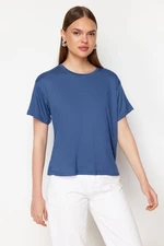 Trendyol Indigo Viscose Short Sleeve Crew Neck Knitted T-Shirt