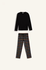 DEFACTO Pajama Set Regular Fit Crew Neck Basic Plain Long Sleeve Top Plaid Long Bottom