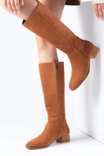 Mio Gusto Briony Tan Suede Side Zipper, Thin Faux Für Lined Blunt Toe Women's High Heel Boots