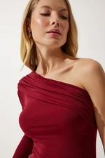 Happiness İstanbul Women's Burgundy One-Shoulder Gathered Detailed Knitted Blouse