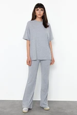 Trendyol Grey 100% Cotton Oversize Pattern Spanish Leg Knitted T-shirt/Pants Bottom-Top Set