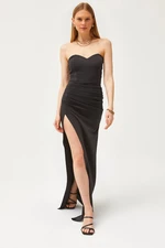 Olalook Women's Black Deep Slit Strapless Long Dress