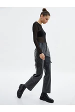 Koton Leather Look Cargo Pants Faded Effect Normal Waist Straight Wide Legs With Pockets.