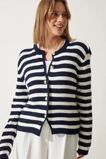 Happiness İstanbul Women's Ecru Navy Blue Waistband Striped Knitwear Cardigan