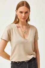 Olalook Women's Beige Deep V-Neck Modal Button T-Shirt