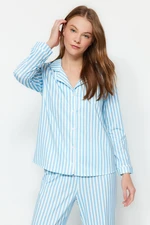 Trendyol Blue Stripe Patterned Piping and Fleece Lined Shirt-Pants Knitted Pajama Set