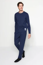 Trendyol Navy Blue Label Detail Knitted Pajamas Set