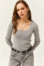 Olalook Women's Gray Square Neck Thick Ribbed Knitwear Blouse