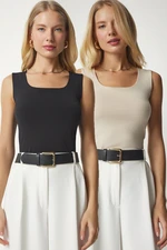 Happiness İstanbul Women's Cream Black Sleeveless 2-Pack Sandy Blouse