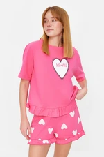 Trendyol Pink 100% Cotton Heart Patterned Ruffle Detailed T-Shirt-Shorts Knitted Pajama Set