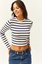 Olalook Women's Navy Blue Striped Crew Neck Premium Soft Touch Crop Stretchy Blouse