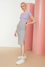 Trendyol Gray Knitted Elastic Midi Skirt with a Slit Detail and Fitted High Waist