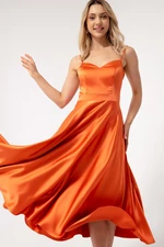 Lafaba Women's Orange Thin Straps Midi Satin Evening Dress.