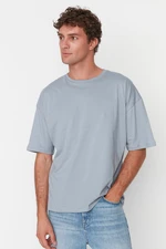 Trendyol Pánske sivé basic tričko s krátkym rukávom 100% bavlnené crew neck oversize