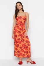 Trendyol Orange Floral Pattern Square Collar Maxi Stretch Knitted Dress