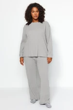 Trendyol Curve Anthracite Crew Neck Relaxed Fit Knitted Ribbed Camisole Plus Size Top-Bottom Set