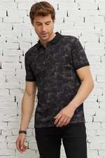 ALTINYILDIZ CLASSICS Men's Black Slim Fit Slim Fit Polo Neck Cotton Printed T-Shirt.