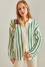 Bianco Lucci Women's Shirt Collar Long Sleeve Striped Cardigan