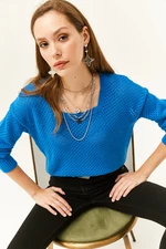 Olalook Women's Saxe Blue Square Collar Openwork Knitwear Sweater