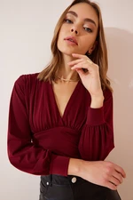 Happiness İstanbul Women's Burgundy Deep V Neck Crop Sandy Knitted Blouse