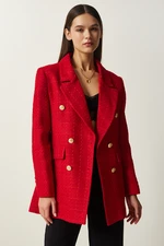 Happiness İstanbul Women's Red Buttoned Blazer Tweed Jacket