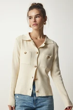 Happiness İstanbul Women's Cream Knitwear Cardigan with Metal Buttons