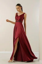 By Saygı V-Neck Wide Straps, Bead-lined Waistline, Wide Body Evening Long Satin Dress