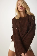 Happiness İstanbul Women's Brown Diamond Patterned Openwork Knitwear Sweater