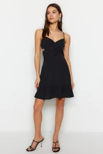 Trendyol Black Waist Drop/Skater Mini Woven Cotton Double Breasted Collar Strap Woven Dress