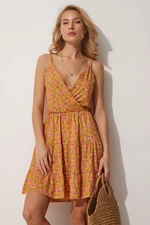 Happiness İstanbul Women's Orange Wrapover Collar Strapless Summer Mini Dress