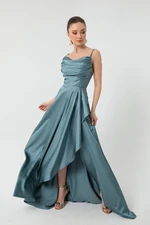 Lafaba Women's Blue Satin Evening &; Prom Dress with Ruffles and a Slit