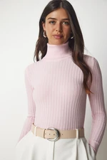 Happiness İstanbul Women's Light Pink Turtleneck Corduroy Basic Sweater