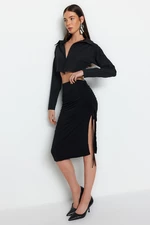 Trendyol Black Smocking Detailed Slit Normal Waist Midi Length Stretch Knit Skirt