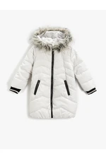 Koton Inflatable Long Coat Faux Fur Detailed Hooded, Zippered with Pocket.