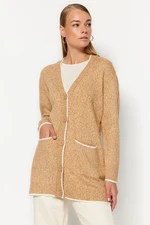 Trendyol Camel Melange Pocket Detailed Ecru Piping Soft Knitwear Cardigan