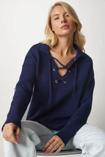 Happiness İstanbul Women's Navy Blue Lace-Up Knitwear Sweater