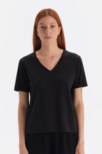 Dagi Black V-Neck Interlock Cotton Short Sleeve T-Shirt.